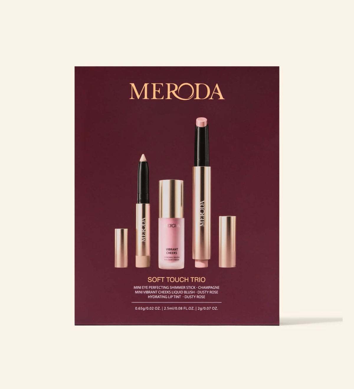 Soft Touch Trio gift set featuring the champagne eye shimmer stick, dusty rose liquid blush, and hydrating lip tint.