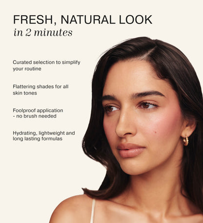 Soft Touch Trio makeup set applied on a model showcasing fresh, natural highlights and radiant skin.