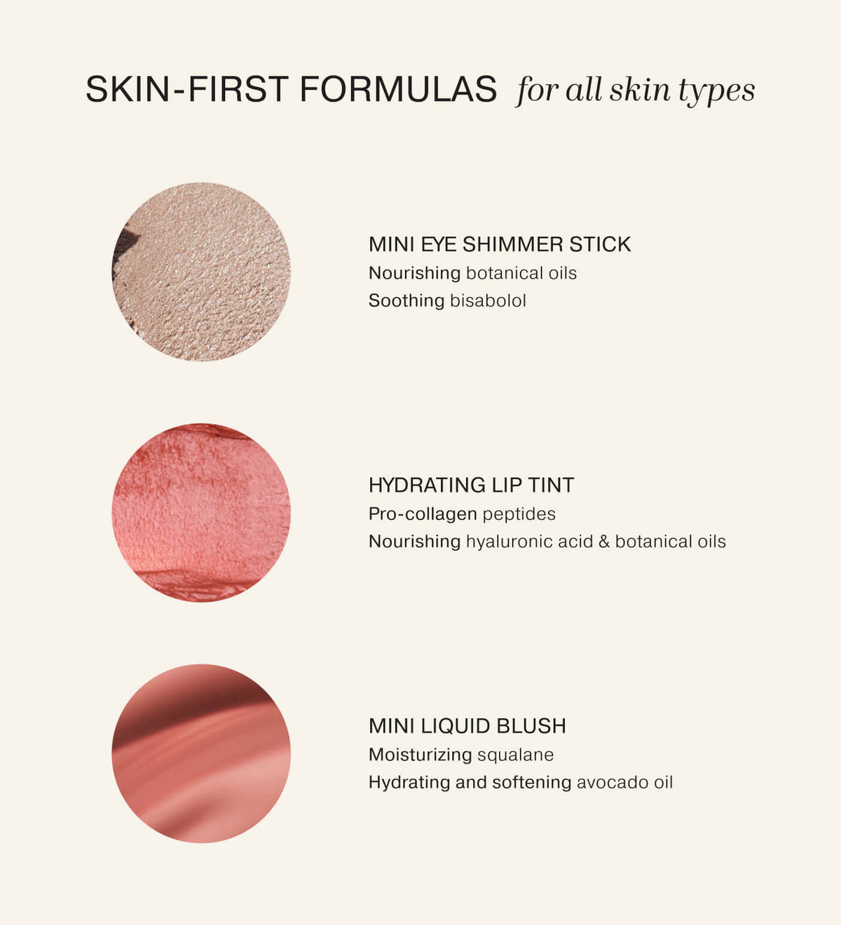 Soft Touch Trio ingredients graphic detailing skin-first formulas with nourishing botanical oils and hydrating squalane.