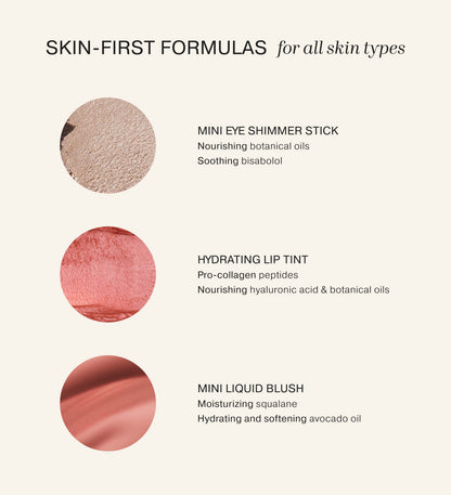 Soft Touch Trio ingredients graphic detailing skin-first formulas with nourishing botanical oils and hydrating squalane.