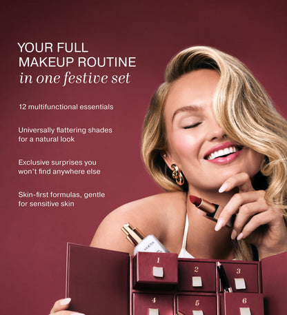 Advent Calendar - 12 Days of Effortless Beauty in burgundy, with 12 essentials and a woman holding lipstick
