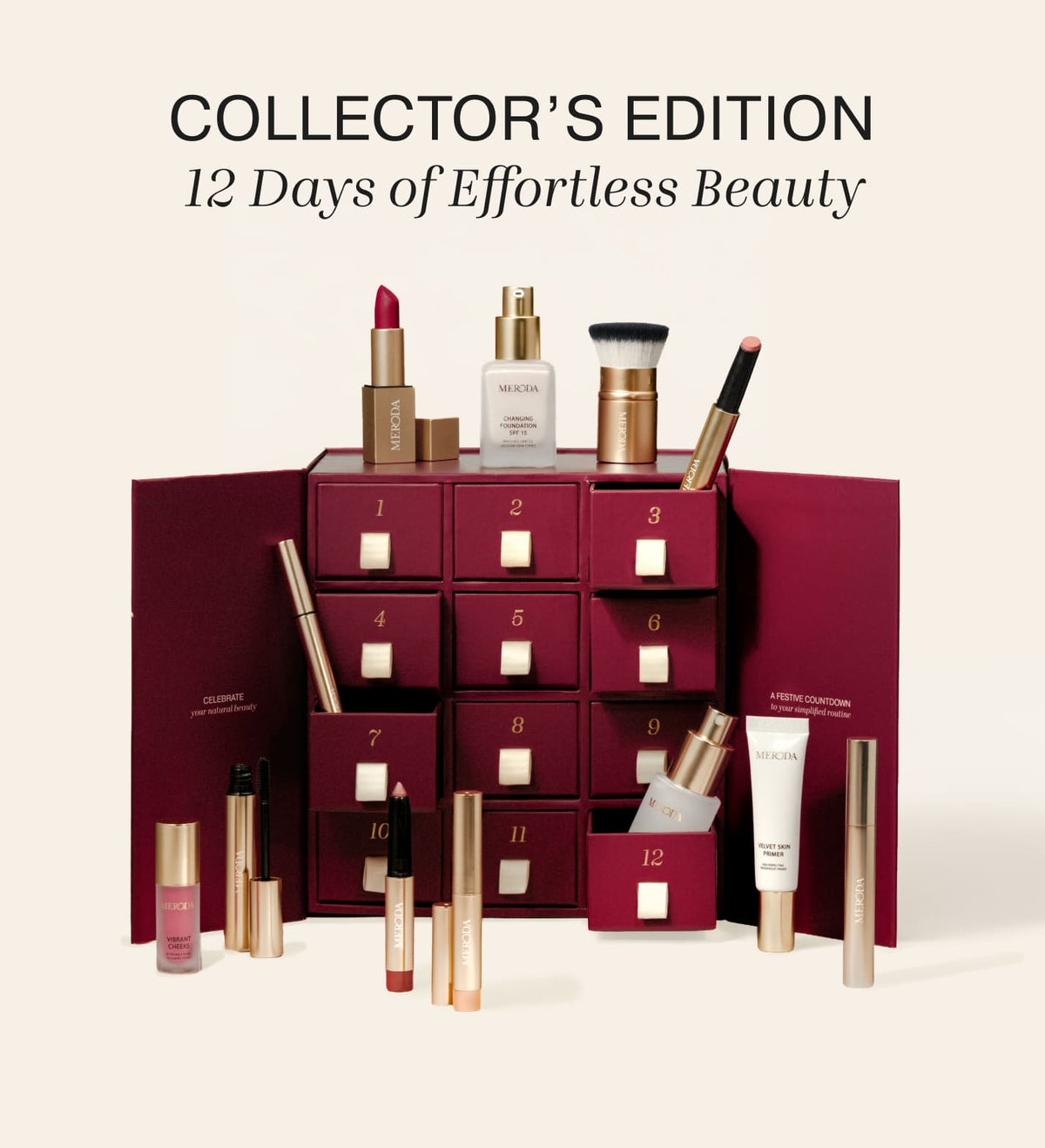 Advent Calendar - 12 Days of Effortless Beauty opened in burgundy, displaying gold-accented cosmetics on cream.