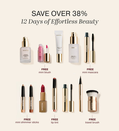 Meroda Cosmetics 12 Days of Effortless Beauty Advent Calendar contents displayed on a cream background