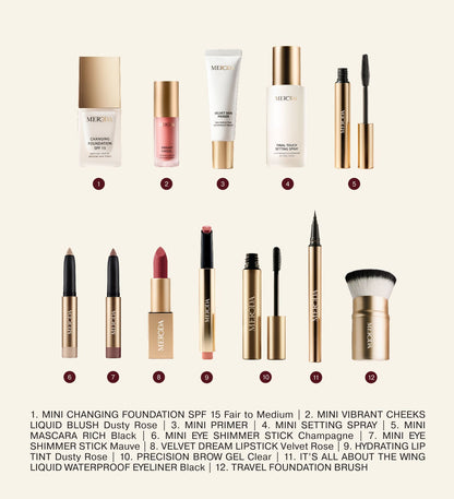 Advent Calendar - 12 Days of Effortless Beauty displays 12 numbered Meroda makeup products in gold and ivory packaging.