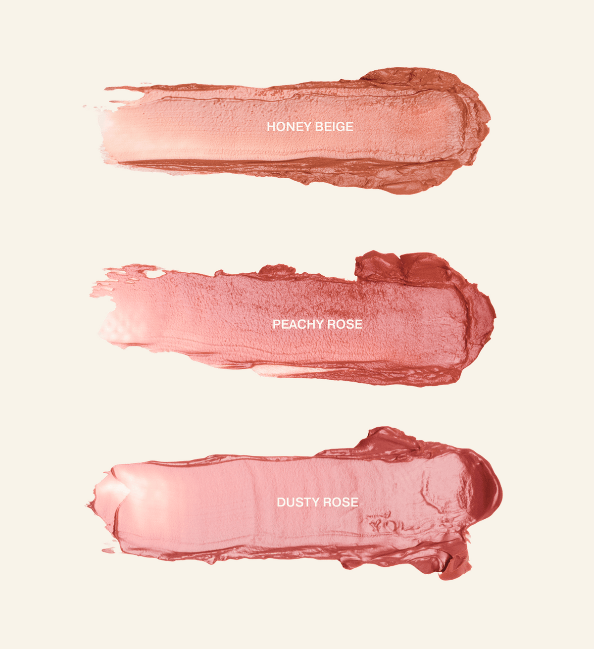 Mini Lip Tint Trio showing texture swatches for Honey Beige, Peachy Rose, and Dusty Rose shades.