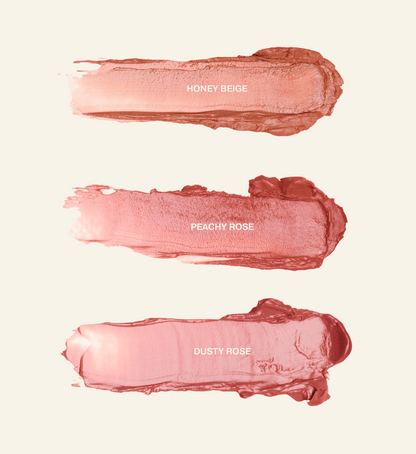 Mini Lip Tint Trio showing texture swatches for Honey Beige, Peachy Rose, and Dusty Rose shades.