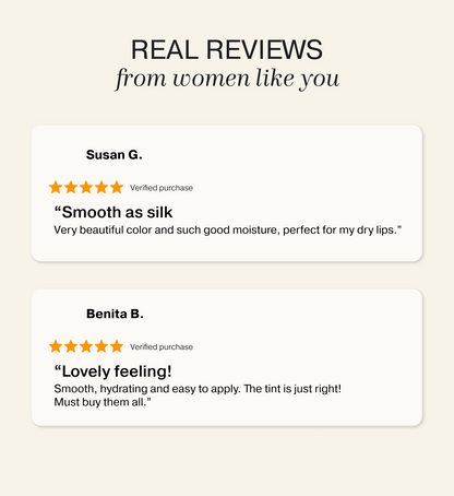 Customer reviews for the Mini Lip Tint Trio praising smooth moisture and hydrating texture.